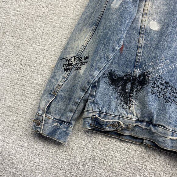 Y2K Zara Denim Punk Emo Goth Graffiti Jacket Sherpa Lined Distressed Men Size S - Picture 13 of 16